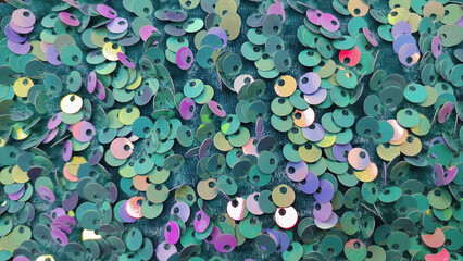 Fondo de lentejuelas de colores tornasoladas aguamarina, verde, lila, rosa. Brillos / glitter de...
