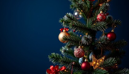 subtle wallpaper wall close up Christmas tree with decorations on a dark blue background with lights and a banner template.
