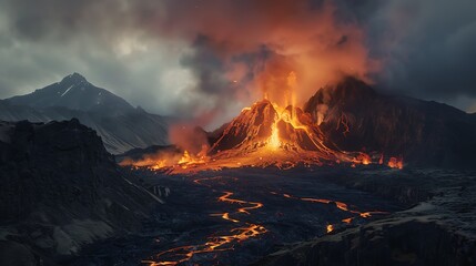 Fototapeta premium A dramatic volcanic eruption with flowing lava and smoke against a mountainous backdrop.