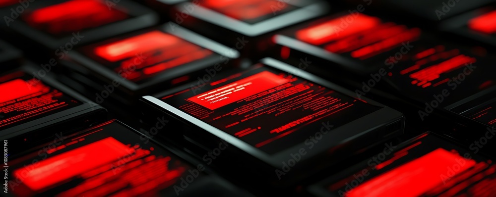 Poster a collection of devices displaying red text on screens, suggesting a tech or data theme.