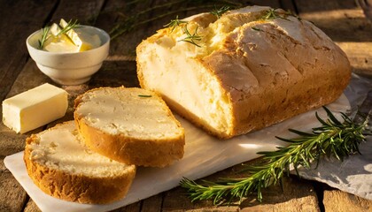 Artisan Gluten-Free Bread Loaf Freshly Baked and Placed on a Rustic Wooden Table, Surrounded by Slices of Bread, Dairy Butter, and a Sprig of Rosemary