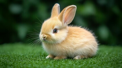 Adorable baby bunny sitting on green grass.