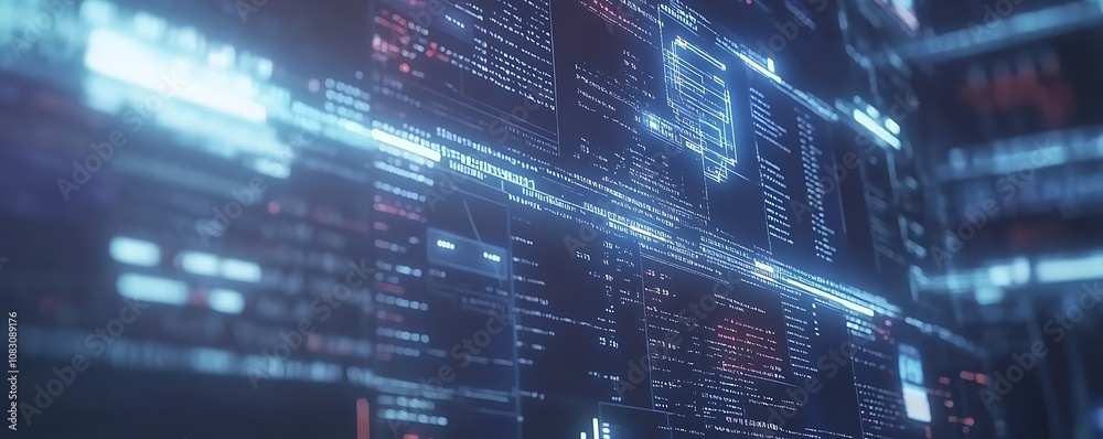 Poster abstract digital interface displaying complex data and analytics.