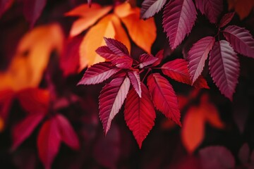 Red leaved tree orange red bush wine red medlar tree in fall hues autumn foliage