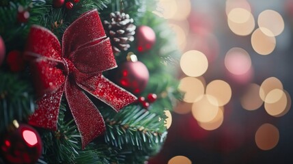 Close-up of a Christmas wreath adorned with a red glittery bow, pine cones, and red ornaments.