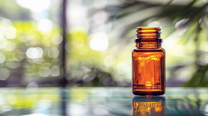 Golden hour sunlight illuminates an amber glass bottle against a natural backdrop, symbolizing organic and holistic health options.