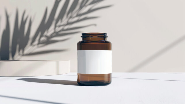 Large brown pill bottle on a white surface with dynamic shadow patterns from nearby plants.