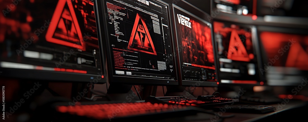 Poster A dimly lit workspace featuring multiple monitors displaying red-themed graphics and code.