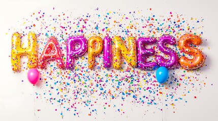 Fototapeta premium Colorful balloons spell out 'Happiness' word surrounded by confetti and vibrant decorations.