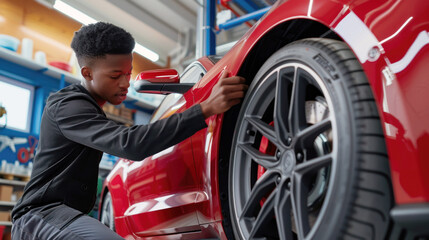 Young man examining red car fender in repair workshop
