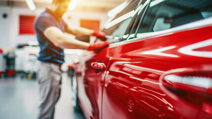 Mechanic focused on polishing red car in brightly lit workshop