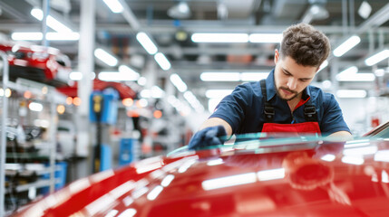 Caucasian male mechanic inspecting a red car in a workshop, focused on work.