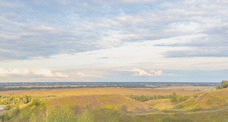 Obraz premium Beautiful landscape with a cloudy sky and a hill in the background