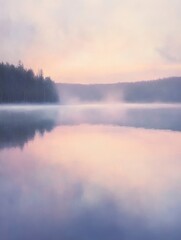 Obraz premium Calming nature landscape of a mountain lake during sunrise, with a reflection of the sky on the water