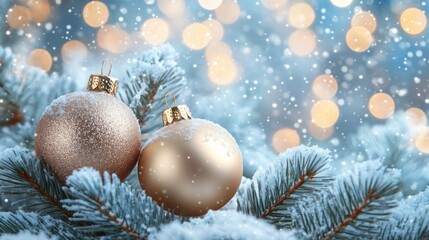 Snow-dusted gold Christmas ornaments nestled on a frosty pine branch.