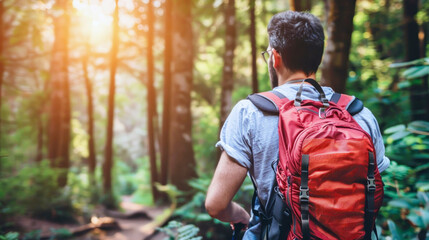 A hiker exploring a lush forest trail during sunset with a red backpack and serene nature surroundings