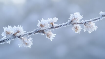 Obraz premium Frost-covered branch with buds, delicate icy crystals, winter scene.