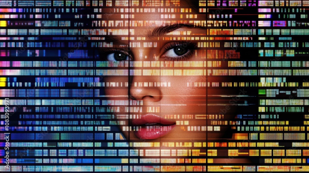 Aufkleber rows of genetic sequences form a vibrant backdrop, highlighting the interplay between human identity