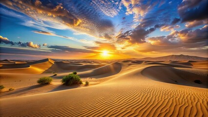 Naklejka premium Stunning desert landscape at sunset with sand dunes showcasing natural beauty and tranquility