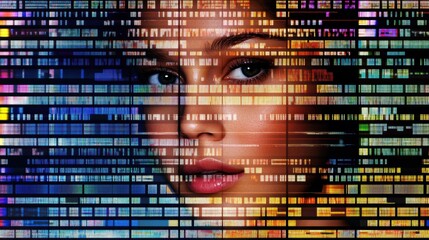 Rows of genetic sequences form a vibrant backdrop, highlighting the interplay between human identity and genetic information. Generative AI