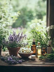 Close-up of medicinal plants and essential oils on a rustic table, soft natural light