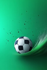 Naklejka premium Soccer Ball Cutting Through Green Paint Swirl Dynamic Sports Concept on Vivid Green Background
