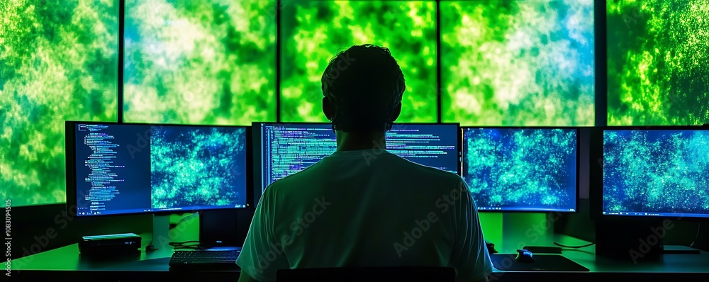 Poster a person seated before multiple monitors displaying colorful digital data and code.