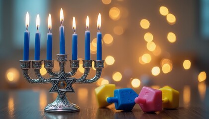 Fototapeta premium A beautifully crafted menorah stands proudly, its blue candles flickering with warm light against a backdrop of soft, glowing bokeh. Nearby, colorful dreidels in vibrant hues of blue and yellow add a