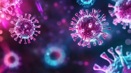 Dynamic photo of virus particles floating in air, represented in vivid neon colors with highly detailed textures