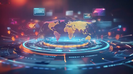 A central hub with arrows extending to different parts of the world, each arrow representing a different language script, while icons for documents, videos. 3D illustration.