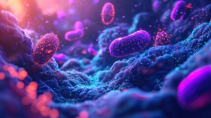 Fototapeta premium Highly detailed and colorful microscopic view of bacteria, vibrant shapes and structures