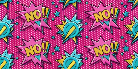 Naklejka premium A vibrant and bold pink and blue pop art explosion of stars, dots, and exclamation marks with the repetitive word NO!!