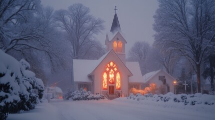 Illuminated Church in a Snowy Winter Landscape at Dusk