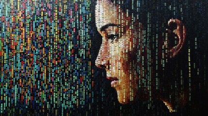 A silhouette of a human face overlays vibrant rows of genetic DNA sequences, symbolizing the intersection of biology and identity. Generative AI