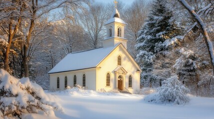 Snow-covered white church in a winter wonderland, bathed in sunlight.