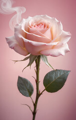 A beautiful single delicate pink rose enveloped in smoke against a pink background.