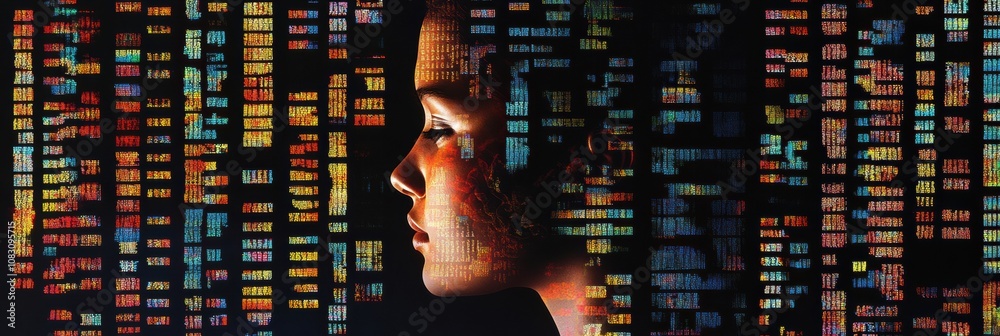 Fototapete a silhouette of a human profile is layered over vibrant genetic code symbols, illustrating the conne