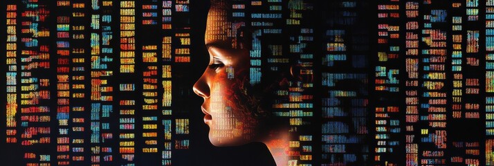 A silhouette of a human profile is layered over vibrant genetic code symbols, illustrating the connection between genetics and identity. Generative AI
