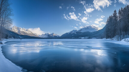 Rozległe zamarznięte jezioro w zimowym krajobrazie, otoczone śnieżnymi wzg&oacute;rzami i drzewami. 