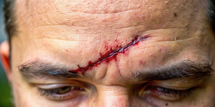A close-up image of a man's forehead with a fresh, bloody gash, revealing the raw pain and vulnerability of an injury.