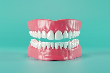 Obraz premium A detailed 3D render displays a dental model with bright white teeth on a turquoise backdrop, emphasizing dental health and aesthetics