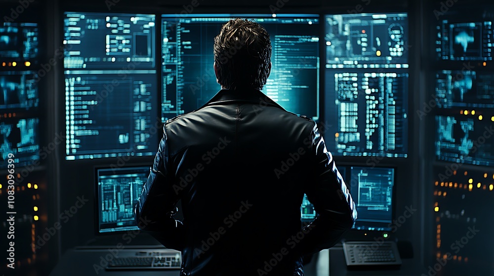 Poster a figure in a leather jacket stands before multiple screens displaying data and code.