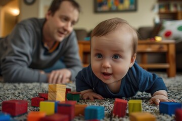 Fototapeta premium A baby enjoys playing with vibrant wooden blocks on a cozy carpet as his father watches and smiles proudly in their living room