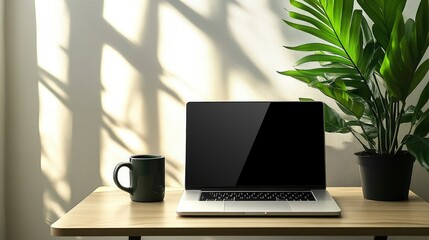 Fototapeta premium Minimalist workspace with a modern laptop, coffee mug, and green plant on a wooden desk