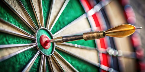 A golden dart, tipped with a sharp point, perfectly centers the bullseye on a classic dartboard, showcasing precision and achieving a perfect score.