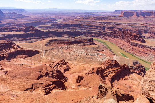 View of Colorado River canyon and the White Rim Trail from Dead Horse Point State Park, Utah