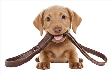 Playful puppy holding a leash in its mouth while sitting indoors