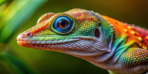 Fototapeta premium A Close-Up of a Lizard's Face with Vivid Colors and Intricate Scales, Showing the Beauty and Complexity of Nature