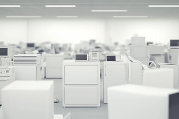 Modern office workspace filled with white furniture and equipment in daylight