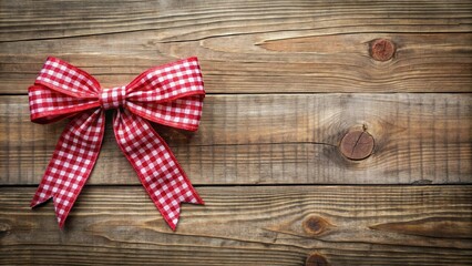 Fototapeta premium A red and white gingham bow tied on a rustic wooden surface, creating a classic and charming visual.